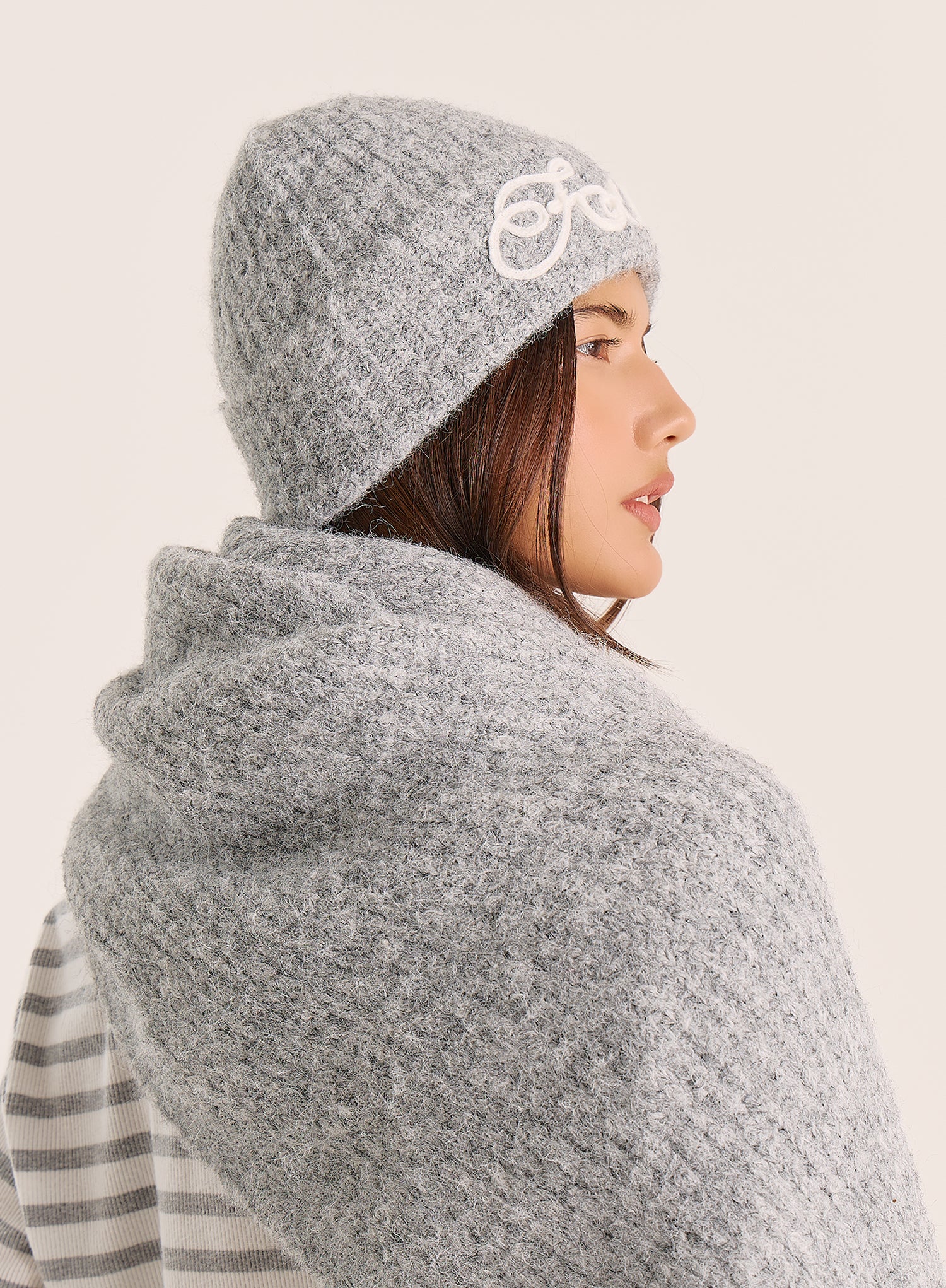 Grey Script Logo Knit Beanie Hat